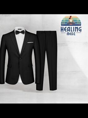 Men's Black Medium 2 Piece Suit One Button Slim Fit Formal Wedding Prom Tuxedo